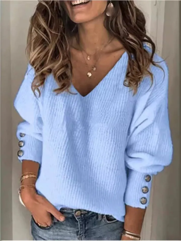 Spring Autumn Women's Loose Long Sleeve Knitted top T-shirt Solid V-Neck Knit Sweater Pullover Female Tops For Women 2024