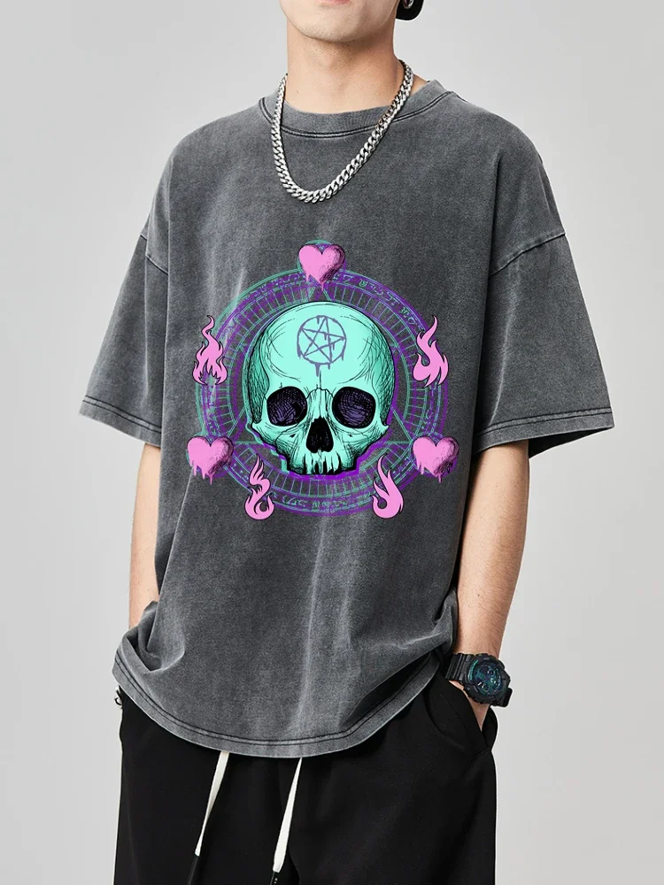 European American Street Vintage T-Shirts New Skulls Print Black Short-sleeved T-shirt Teenagers Trendy Round Neck Casual Top