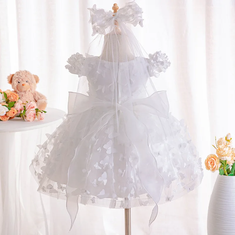 New Stumbling Baby Girl Butterfly Fluffy Gauze Dress Girls First Birthday Washing Dress Newborn Formal Christmas Dinner Clothing