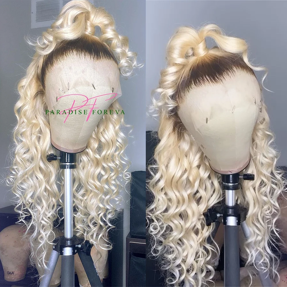 

Синтетический кудрявый парик Icy Blonde с кружевной передней частью для женщин, с темными корнями, естественной линией роста волос, свободной прядью, 13x4, HD-кружево, для косплея