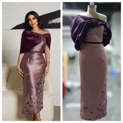 AsaNagi Purple Satin Prom Dresses Beading Women Off Shoulder Tea-Length Mermaid Elegant Evening Gown 2023 فساتين السهرة