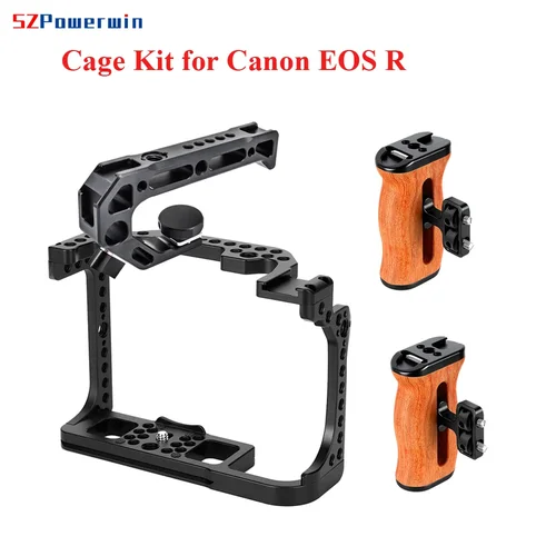 Jaula de cámara Powerwin para Canon EOS R con Kit de mango de rejilla manual de madera, tornillo de localización Arri multifuncional de aleación de aluminio
