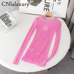 CNlalaxury Women 2023 Autumn New Fashion Multicolor Knitted Tshirt Vintage Long Sleeve Female Thin Pullovers Shirts Top