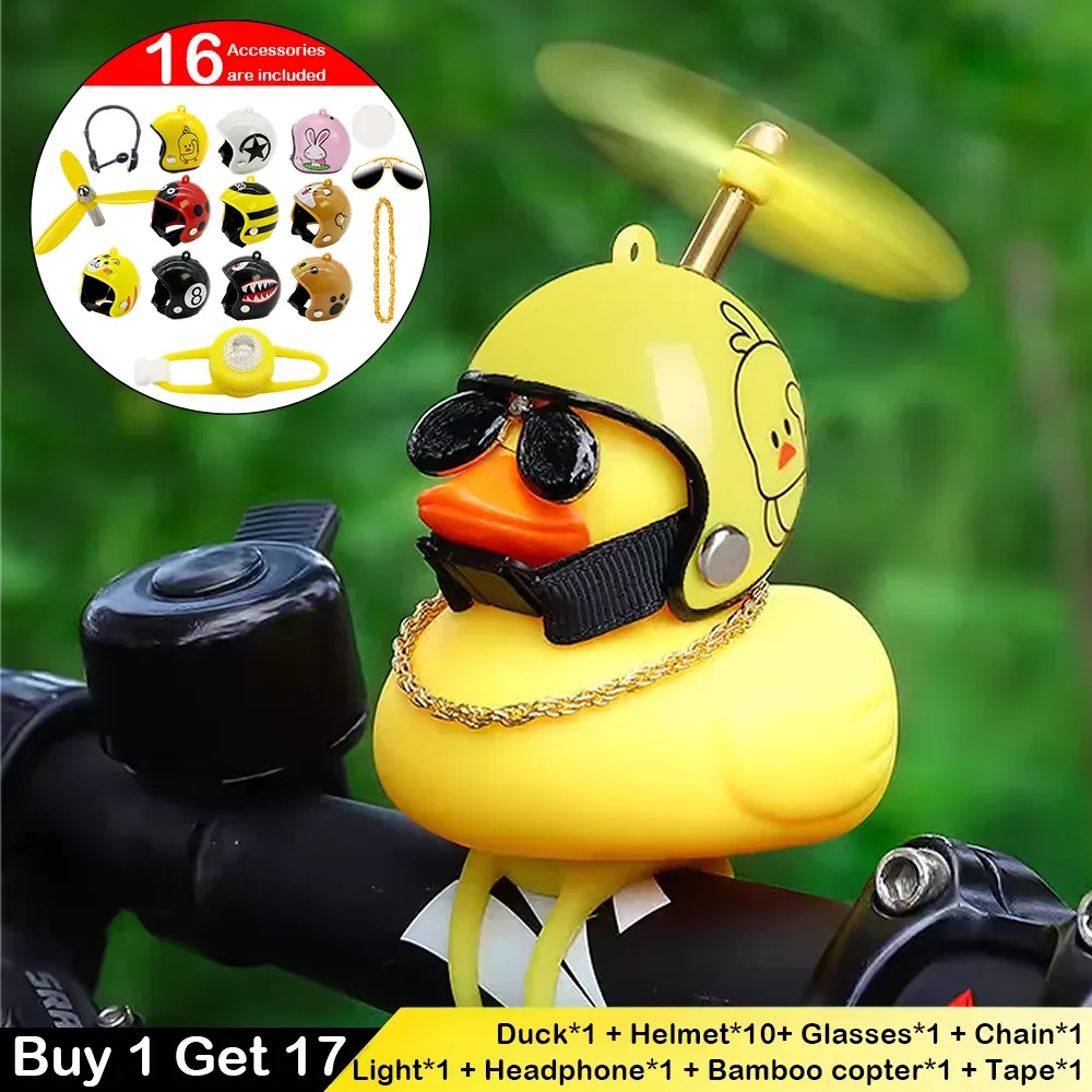 17-in-1 Rubber Yellow Duck Toy with Lights DIY Motorcycles Car Ornaments Car Dashboard Decoration Road/Mountain Bike Horns