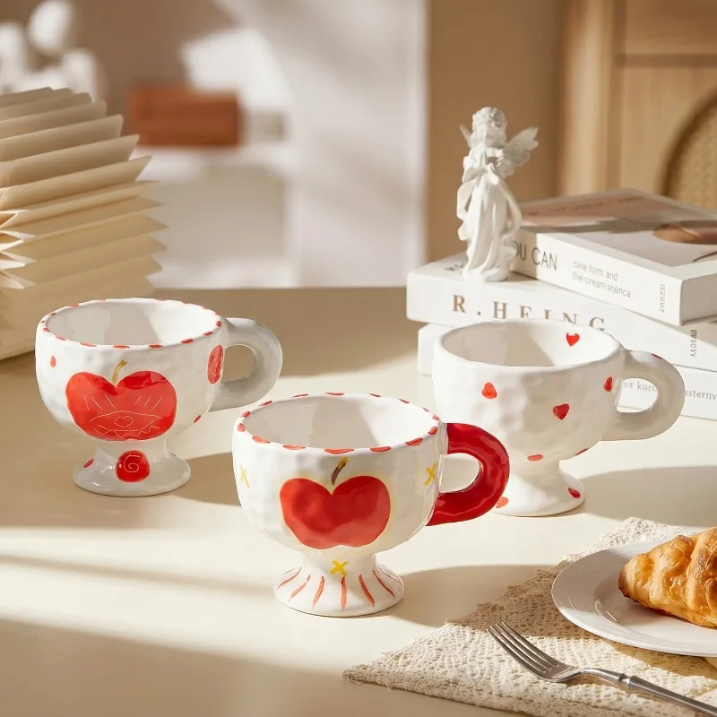 Ins Style Underglaze Color Creative Hand Drawn Apple/heart Irregular Grip with Handle Ceramic High Footed Mug Niche Gift