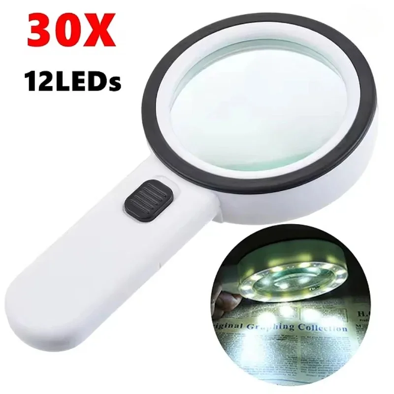 

30X Magnifying Glass Loupe 12 LED UV Light Handheld Portable for Reading Stamp Jewelry Watch Repair