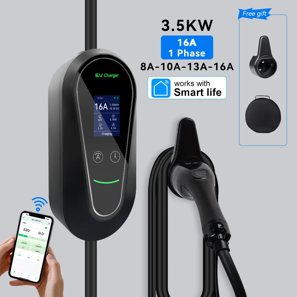 3.5kW Portable EV Charger 16A 1Phase Type2 IEC 62196-2 EVSE Charging 2.8M Cable Type1 SAE J1772 Wallbox WiFi APP Remote Control