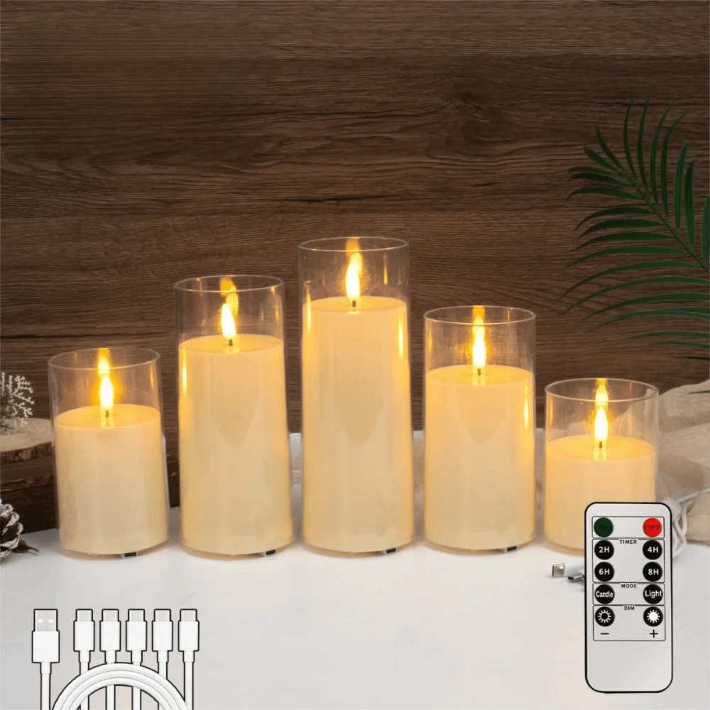 Rechargeable LED Flameless Candles with Remote Control Timer Fake Candle Lights Soft Light Clear Candle Shell Electronic Candles