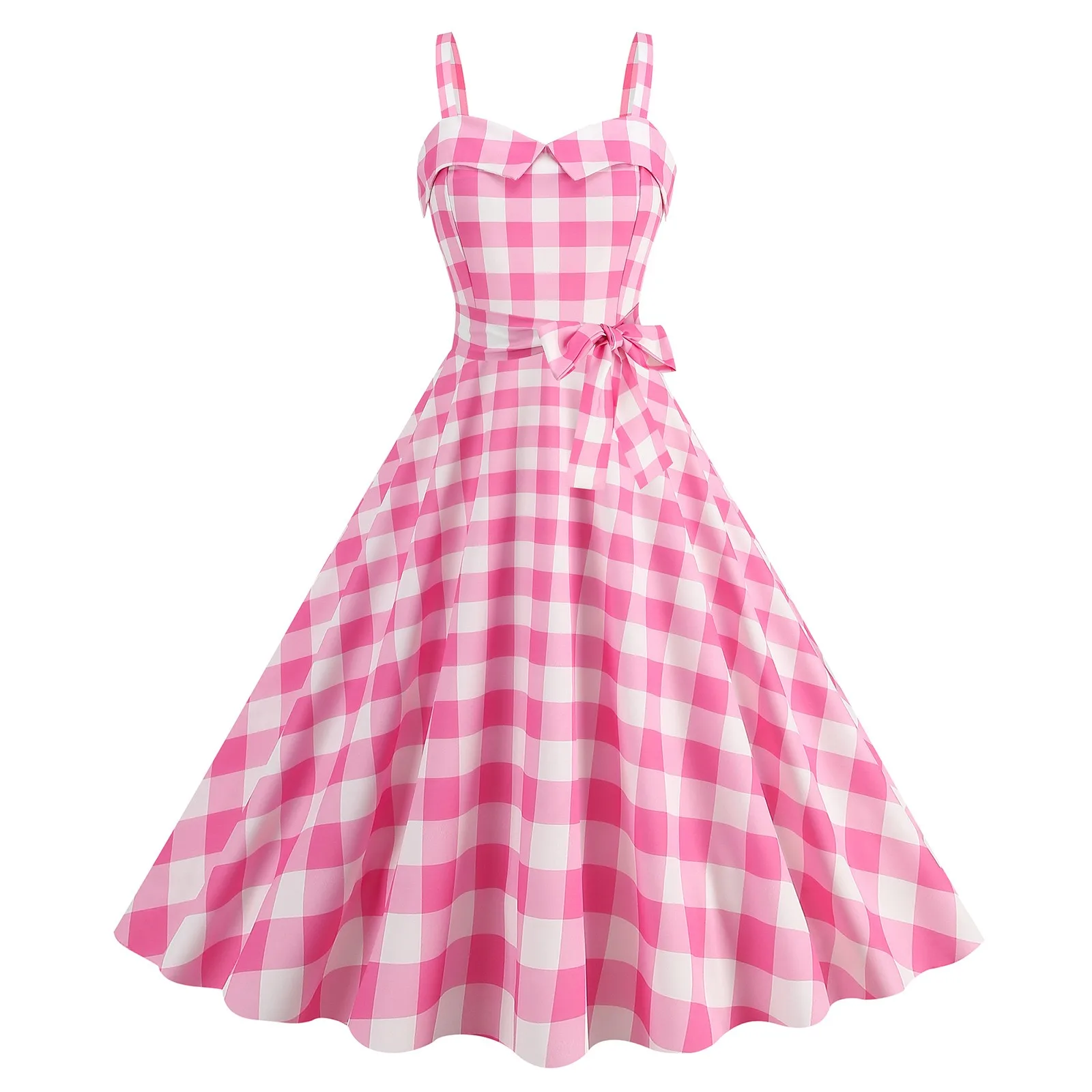 

Pink Retro Vintage Casual Flare Dress 50s 60s Pinup Swing Runway Rockabilly A Line Sundress With Bow Birthday Elegant Tea Dress