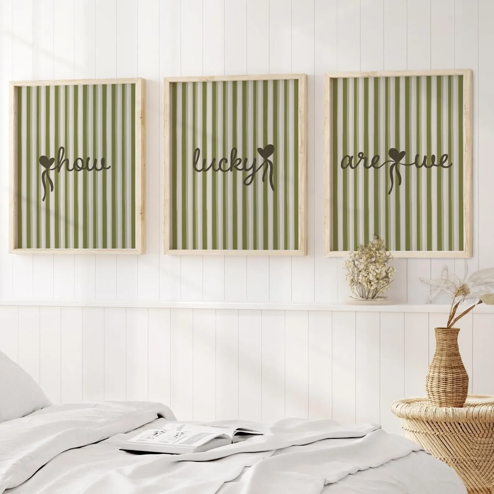3PCS  Frameless,3PCS  Sage Green Wall Art  How Lucky Are We Minimalistic Poster  Girly Print with Heart   Canvas Paintings for R