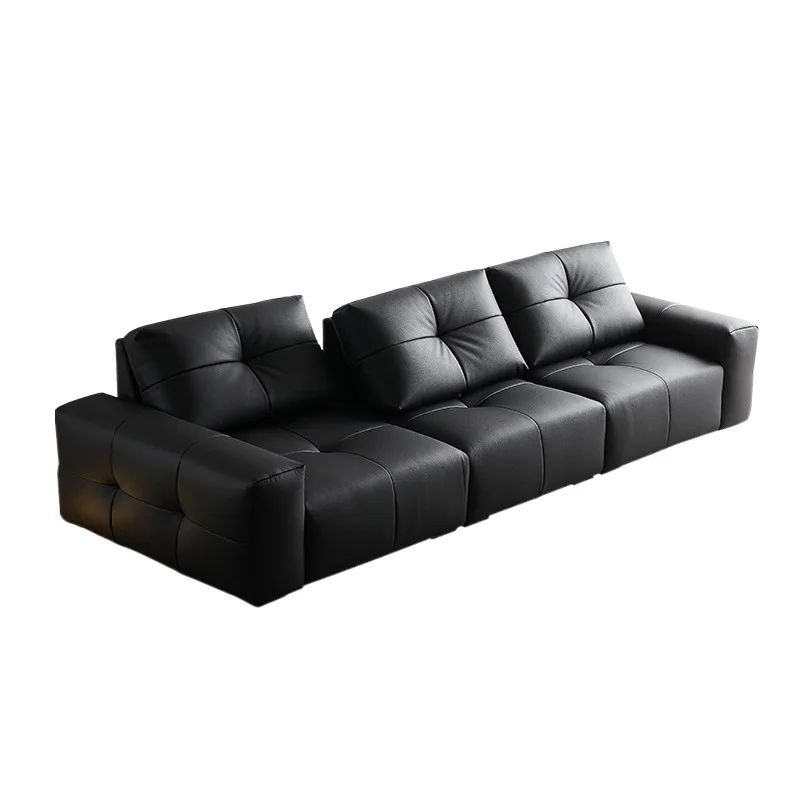 

Leather sofa simple sofa modern straight row minimalist big black small apartment cowhide living room black