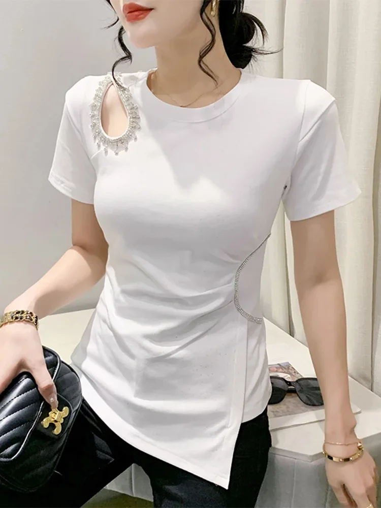 Winsleter Sexy O Necks Glitter Beaded Slim Cotton Tops Summer European Clothes Tshirts Women Short Sleeve Tees New 2023 T35764M