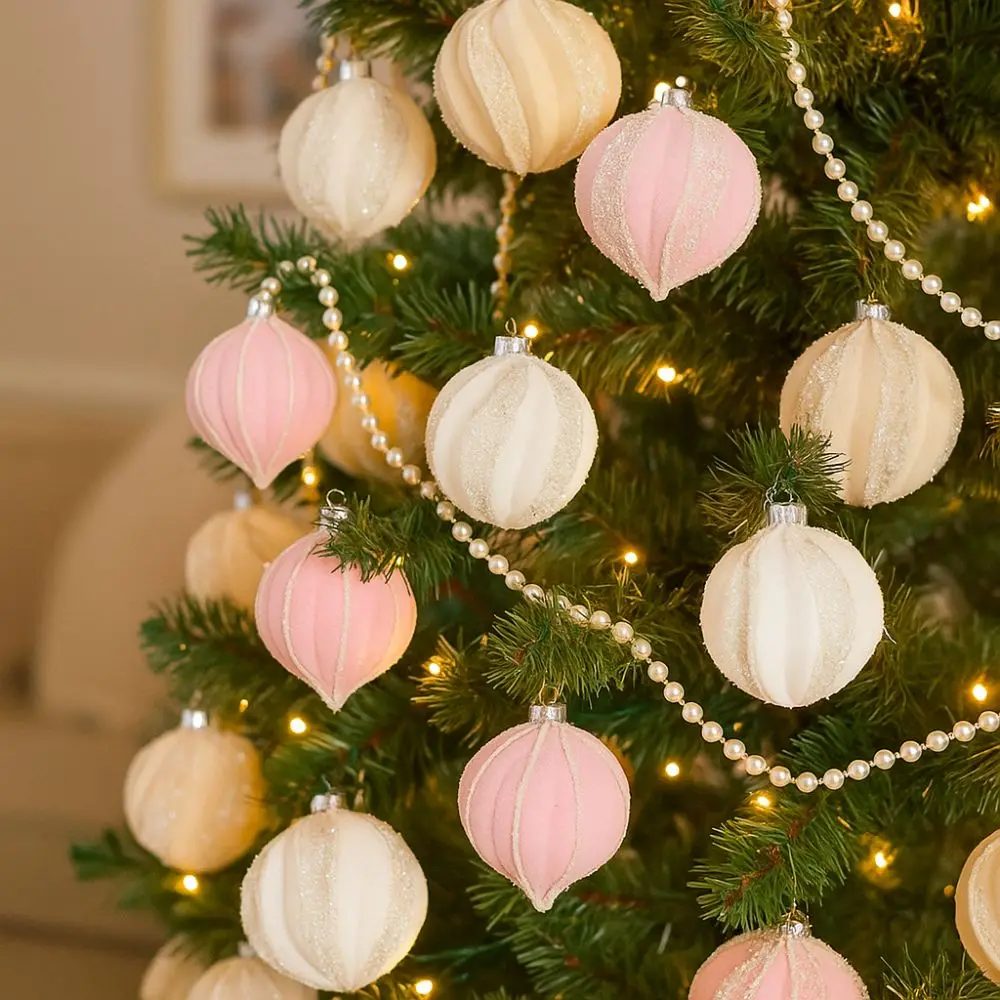 

12pcs 6cm Christmas Hanging Balls Macaron Plastic Flocking Xmas Velvet Balls Irregular Shatterproof Christmas Tree Ornaments