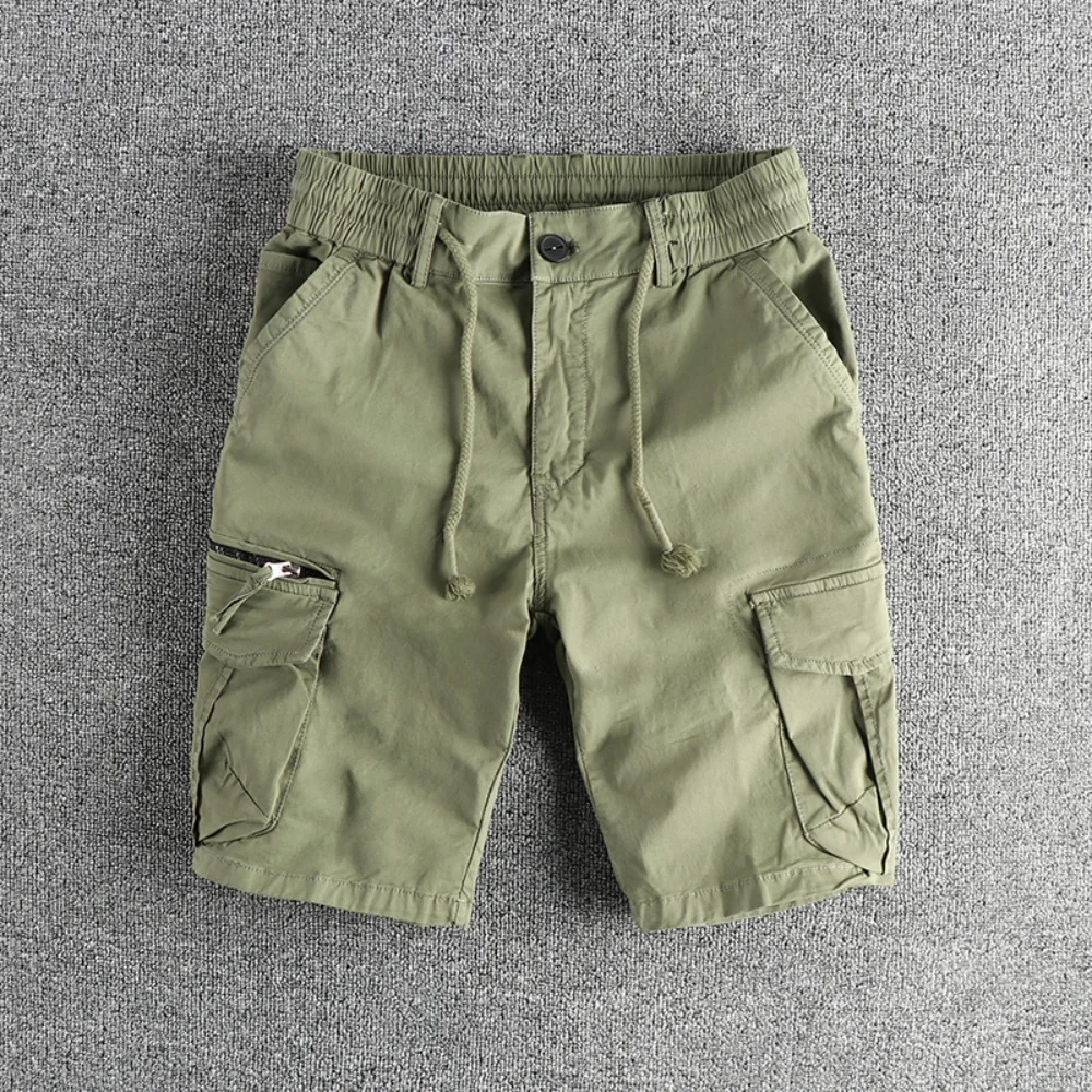 Heavy wash to do old micro elastic woven cotton cargo casual shorts men\'s summer new trend loose straight tube five points