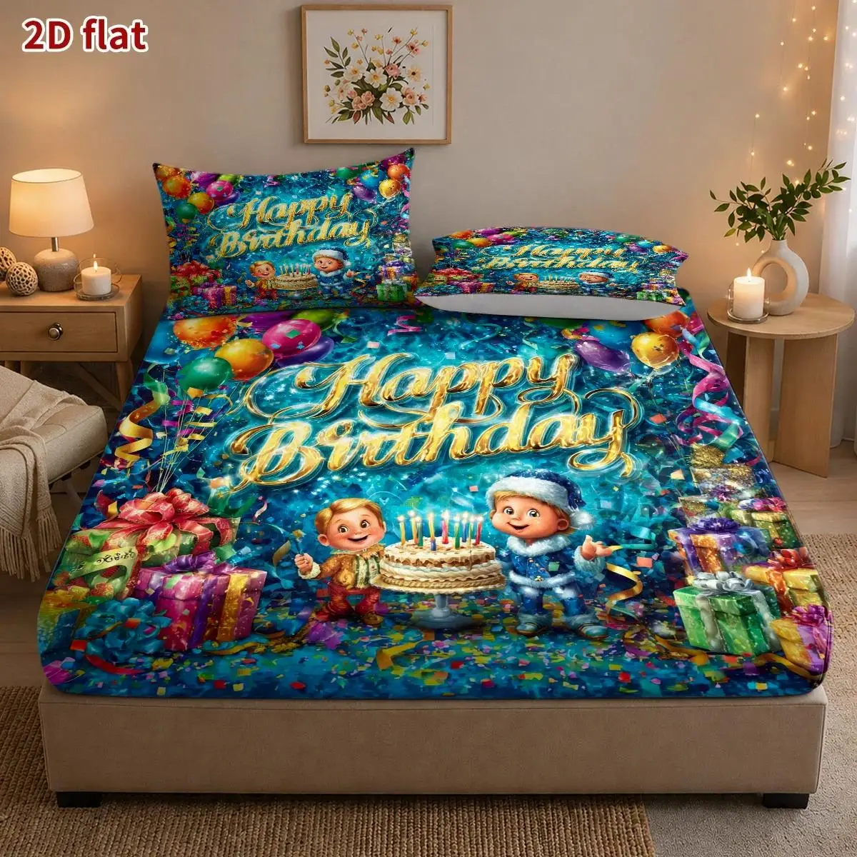 3-Piece Mattress Protector Set, Birthday Party Decoration Happy Birthday 2D Flat Priting, Mattress Cover, Minimalist Style, Christmas Birthday Party, Mattress Cover Suitable for All Seasons, Machine Washable, Suitable for Home, Dormitory, Master Bedroom, Guest Room, Soft and Skin-Friendly, Dust-Proof and Mite-Proof, High Elasticity Fit