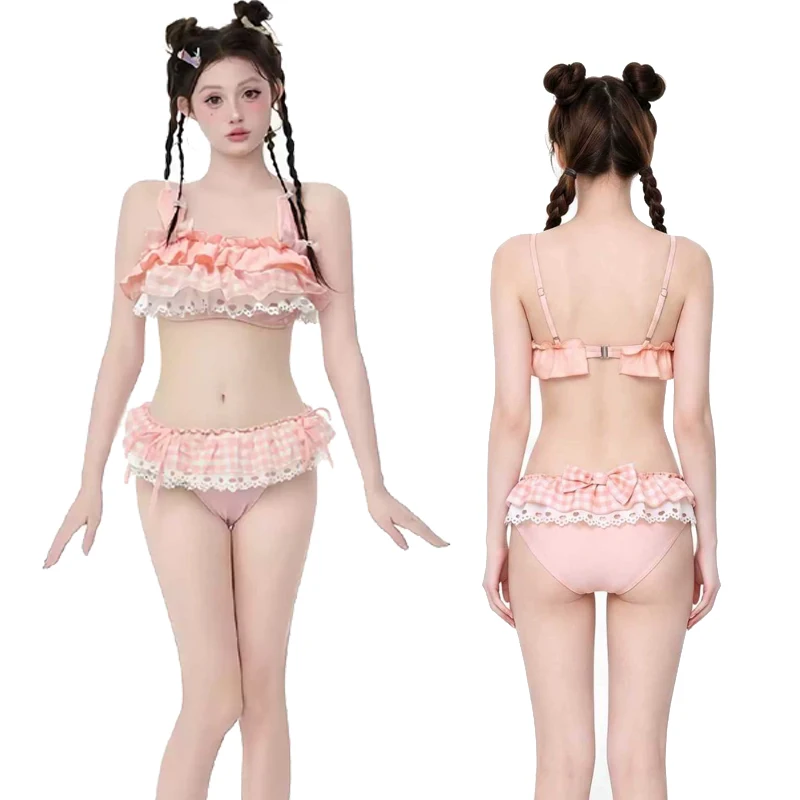 Sweet Girls Lolita Pink Bunny Swimsuit Ruffle Bikini Set Japanese Y2k Slim Casual Split Swimwear Daughter Student Bathing Suit