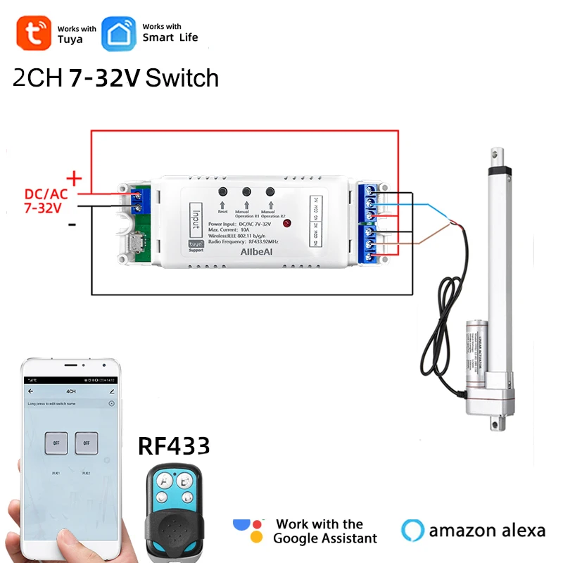 Tuya Smart 2CH Wifi DC Motor Forward Reverse Switch,12V 24V 32V,2 Channel Module Relay,Alexa Google Alice RF 433 Remote Control