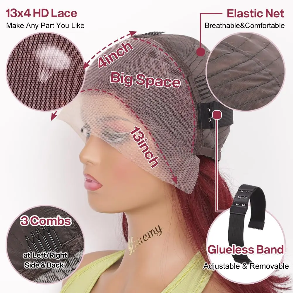 200density 버건디 숏컷 스트레이트 인모 가발 99j 레드 컬러 밥 가발 13x4 HD 투명 레이스 프론탈 가발 (여성용)