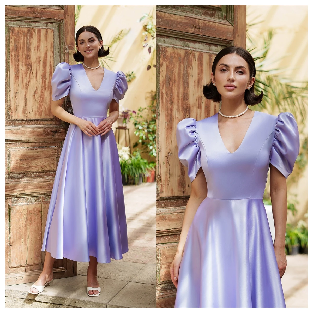 

Customized Classic Light Purple Satin Evening Dress V-Neck Short Sleeves Bespoke Occasion Gowns Celebrity Gowns High Quality