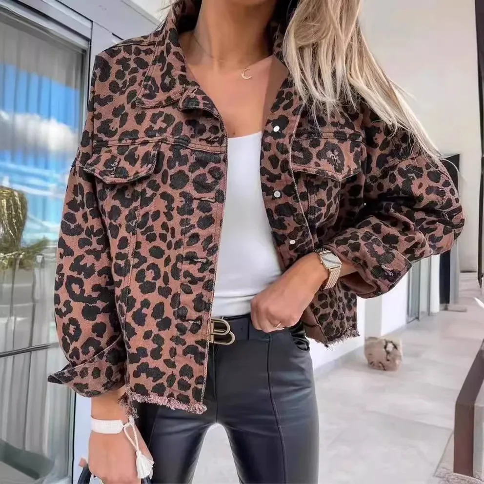 women leopard print washing water rough edge fashion casual denim coat jacket top