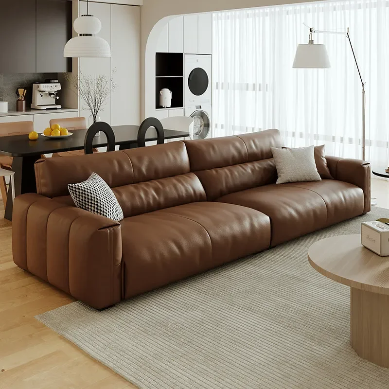Italian minimalist leather sofa first layer cowhide retro living room small apartment leather art straight row sofa modern