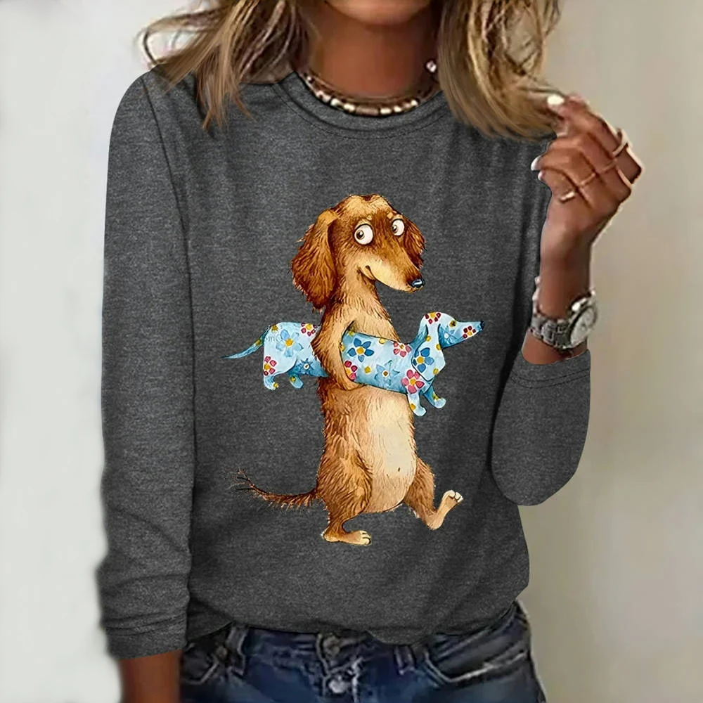 Funny Dachshunds Pattern Print Long Sleeves T shirts Fall Cotton Crewneck Women\'s T-shirts Fashion Women Clothing Pullover