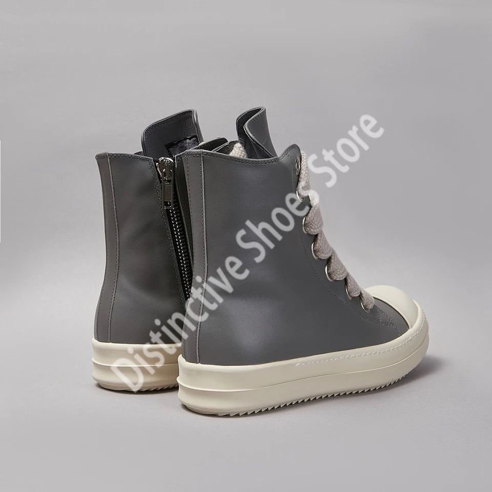 Luxury High Top Women Shoes Men Shoes Brand Jumbo Lace Sneaker Quality Grey Leather Casual Thick Sole Side Zipper Street Flat