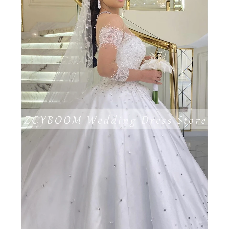 Robe de Mariée en Strass à Col Rond Brillante et Personnalisée, Ligne A, Longueur au Sol, Traîne de Balayage, à Lacets, sur Mesure, pour Patients, 2025