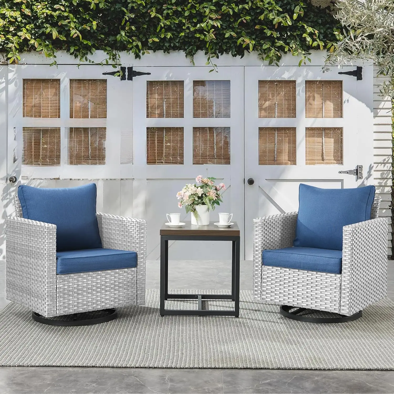 

3 Piece Oversize Wicker Swivel Rocker Patio Bistro Set Rattan Chairs with Metal Side Table for Porch Backyard, Customized