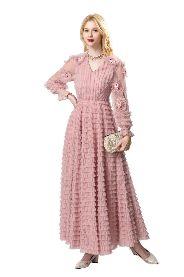 Vestido feminino sexy com decote em v mangas compridas apliques em camadas babados elegante moda festa de formatura vestidos