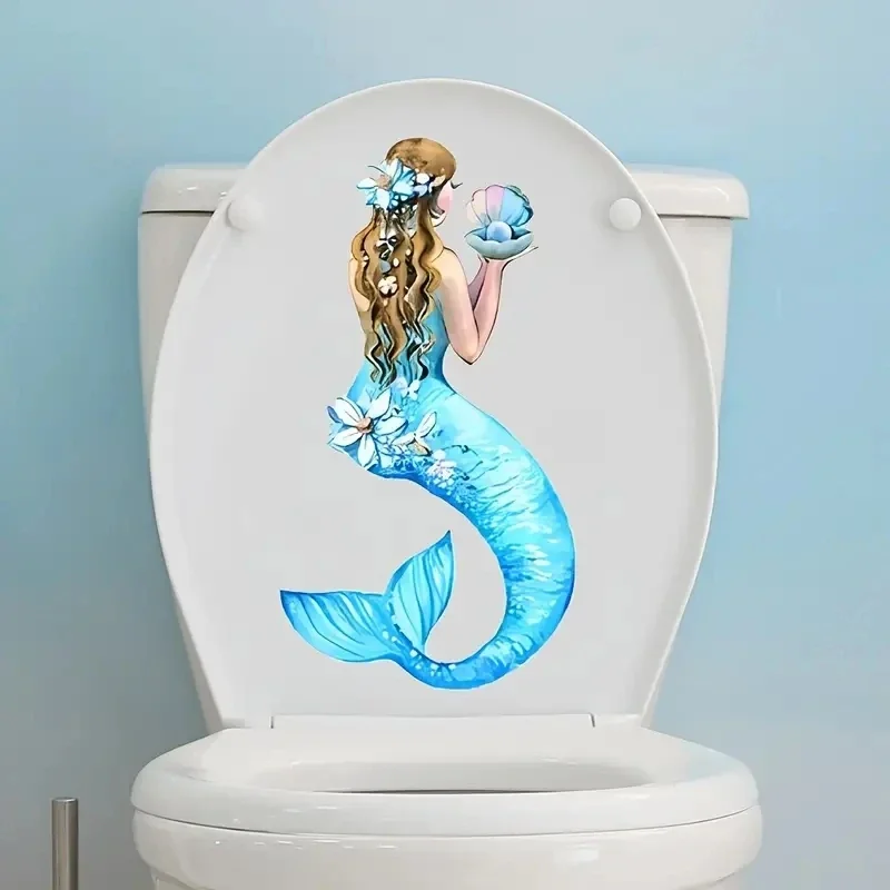 1pc Blue Tail Mermaid Toilet Sticker - Waterproof PVC, Self-adhesive & Removable, Add Magical Touch to Your Bathroom Decor