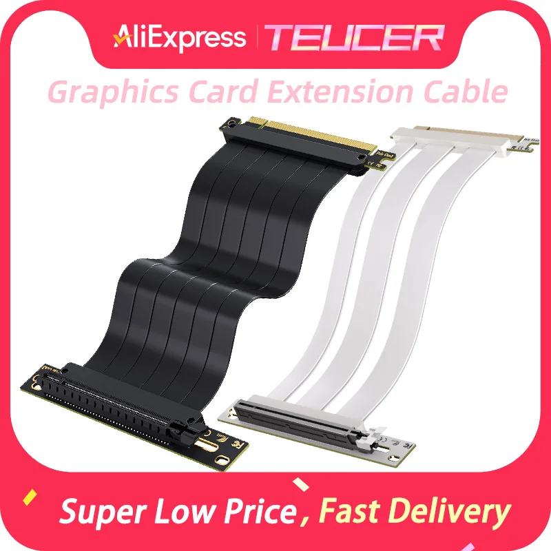 TEUCER PCI-E5.0/4.0/3.0 x16 Cable elevador Extensión de tarjeta de vídeo blindado Flexible 90 °   Cable de extensión GPU de montaje negro/blanco