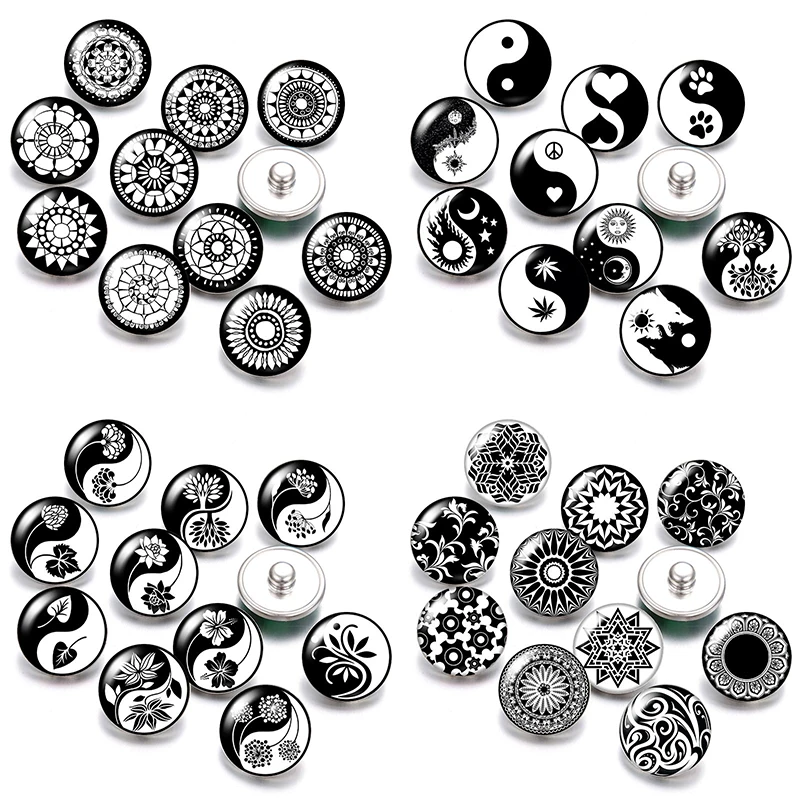 Black Patterns Rotating Circles Taiji Bagua Patterns Photo 10pcs 12mm/18mm Snap Buttons for 12mm/18mm Snap Bracelets DIY Jewelry