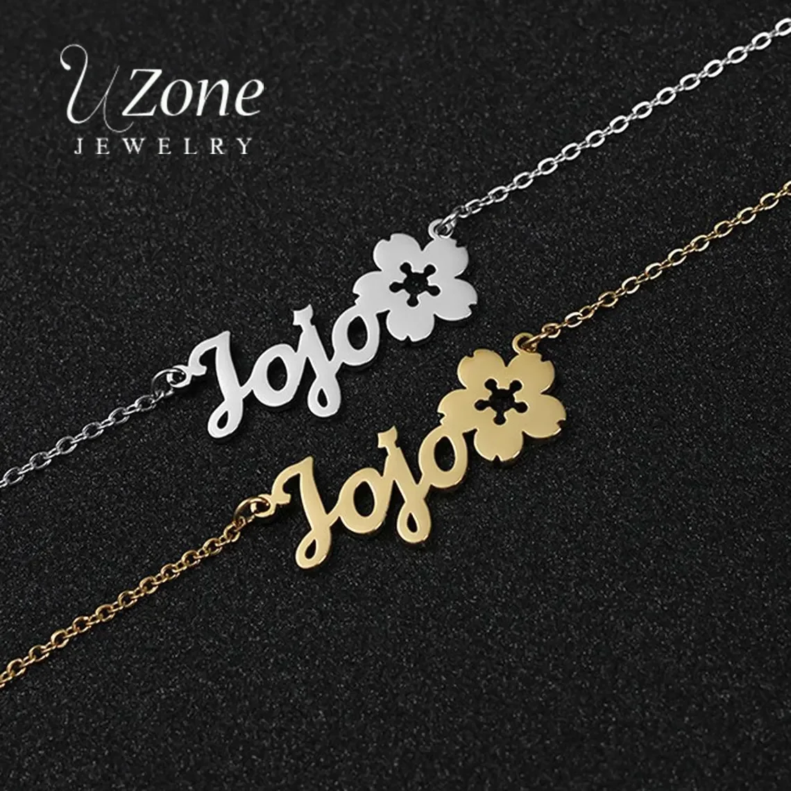 Uzone colar personalizado com nome e flor para mulheres e crianças, colar com pingente de sakura em aço inoxidável, joia para presente