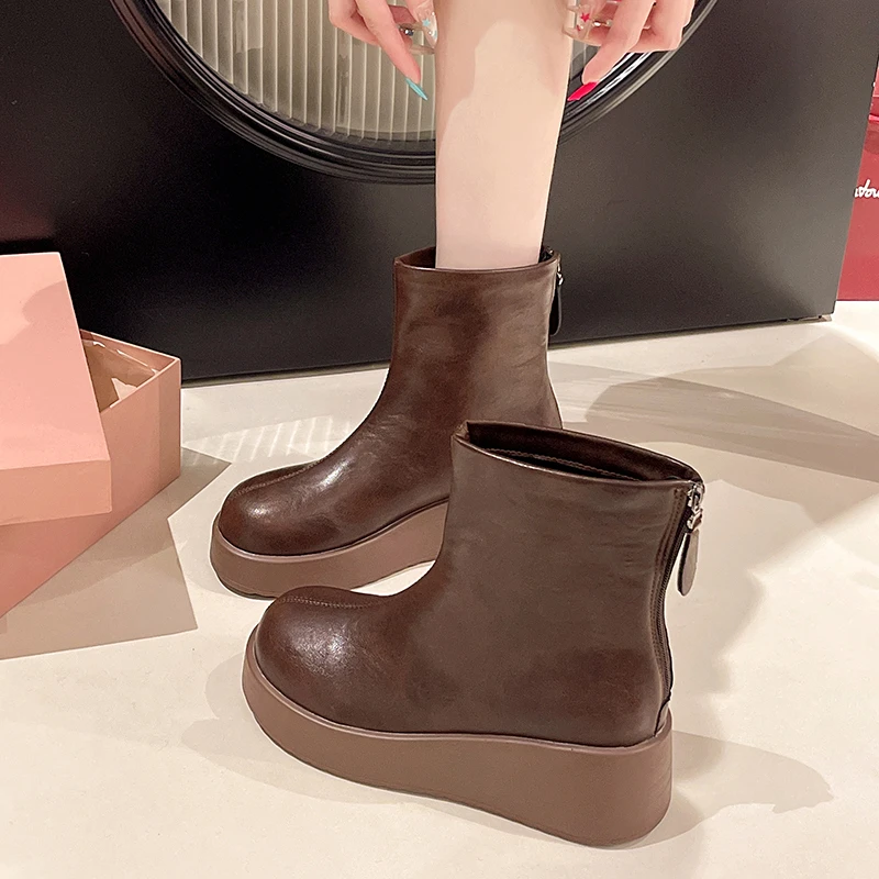 Wedge Heel Booties Fashion Round Toe Rear Zipper Platform Soft Sole Anti-Slip Wear-Resistant High Heels