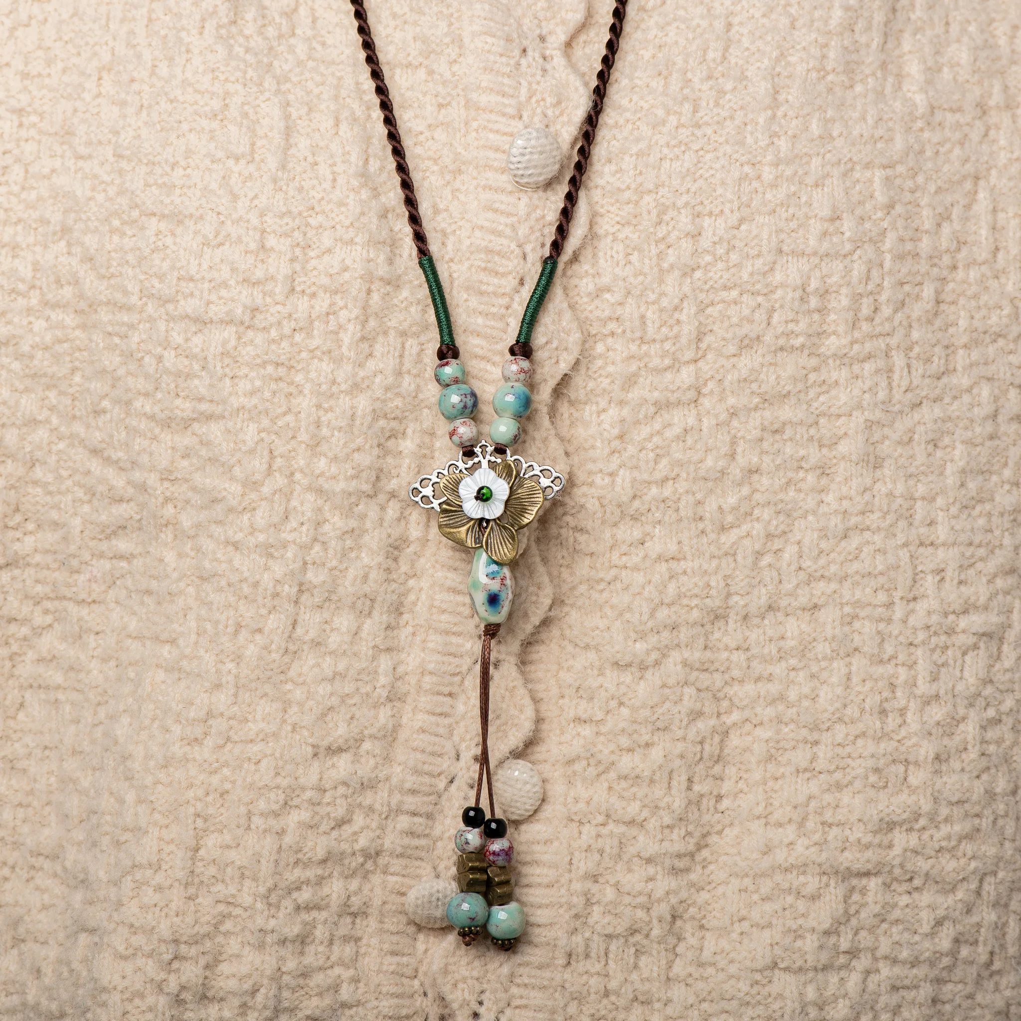 Handmade Ceramic Pendant Necklace for Women Boho Vintage Long Necklace Adjustable Ethnic Style Jewelry
