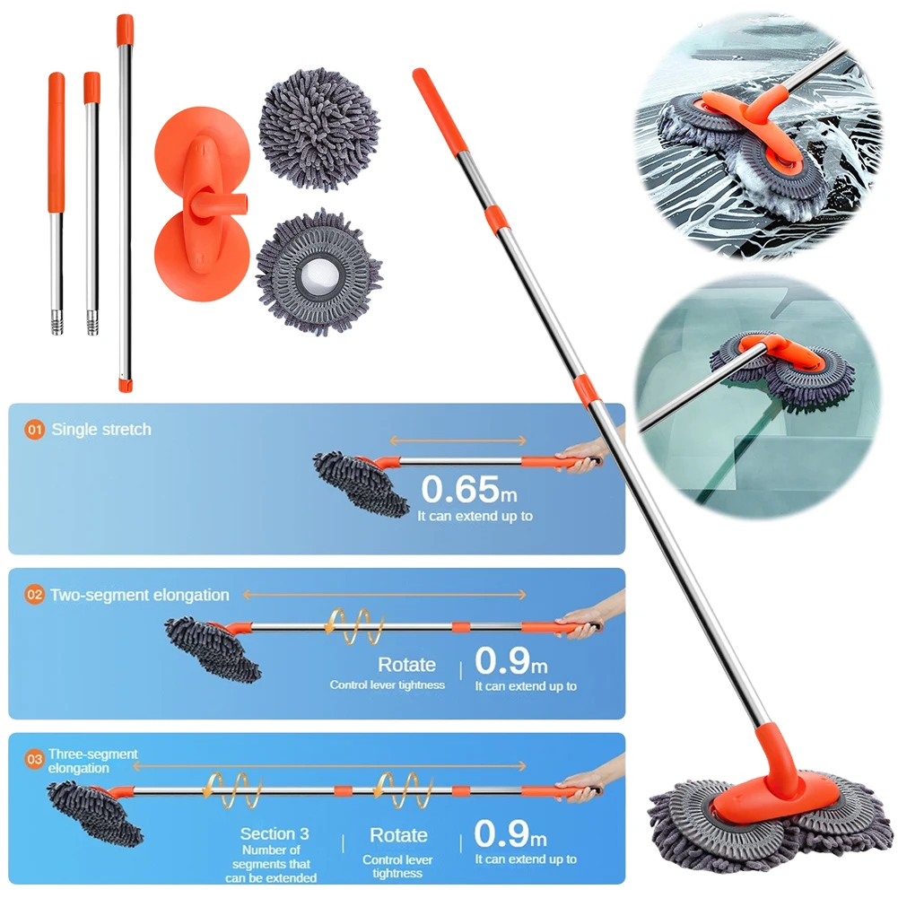 Car Wash Brush Double Brush Head Stretching Handle Foam Washing Chenille Broom 360 Rotation Telescoping Long Handle Cleaning Mop