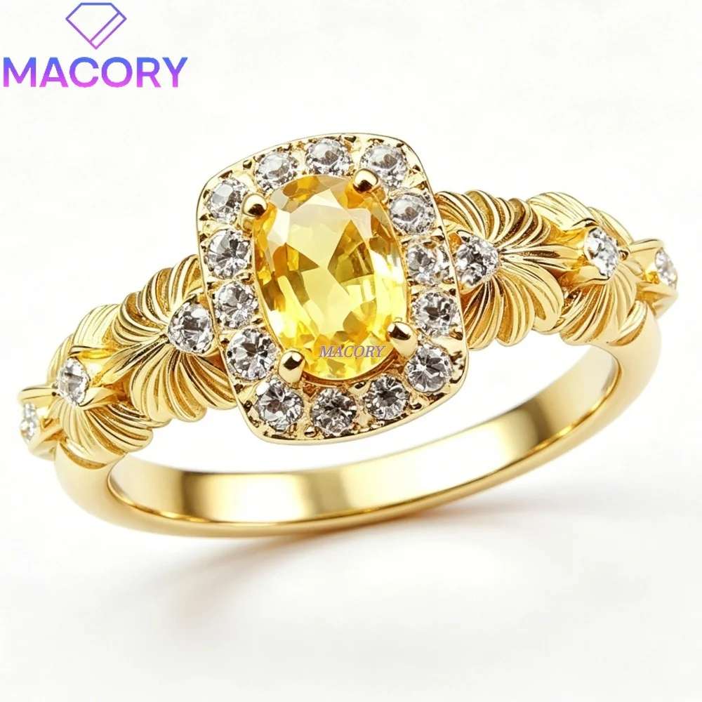 Natural Yellow Sapphire Ring S925 Sterling Silver Exquisite Vintage Trendy Ring for Parties Anniversaries Valentine's Day Gifts