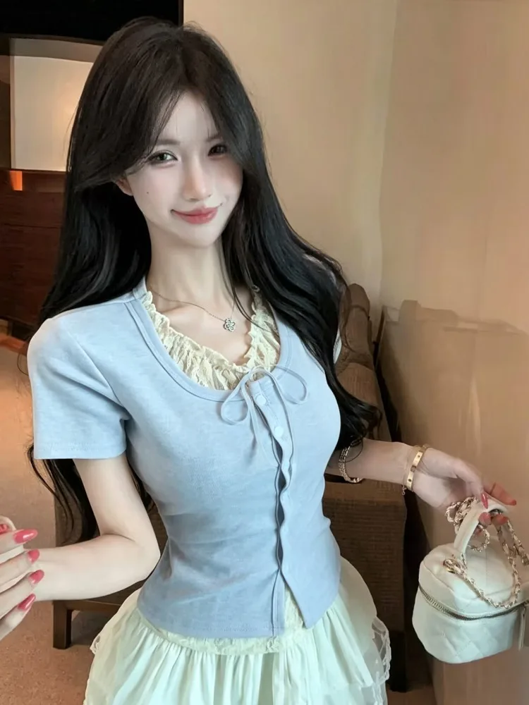 

Sweet Lace Trim Short Sleeve T-Shirt Women's Summer Fashion Single Button Short Top Korean Style Knitted mid Waist Citywalk