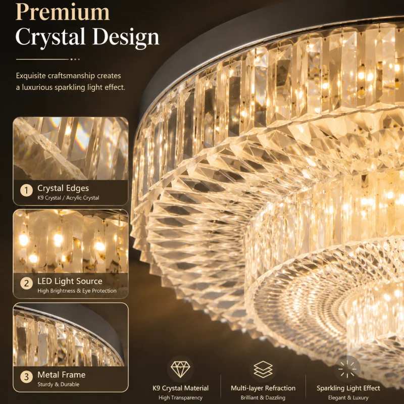 Foldable Crystal Ceiling Light Fixture, Flush Mount LED Ceiling Lamp, 3 Color Lighting,   Energy Saving Light for Bedroom