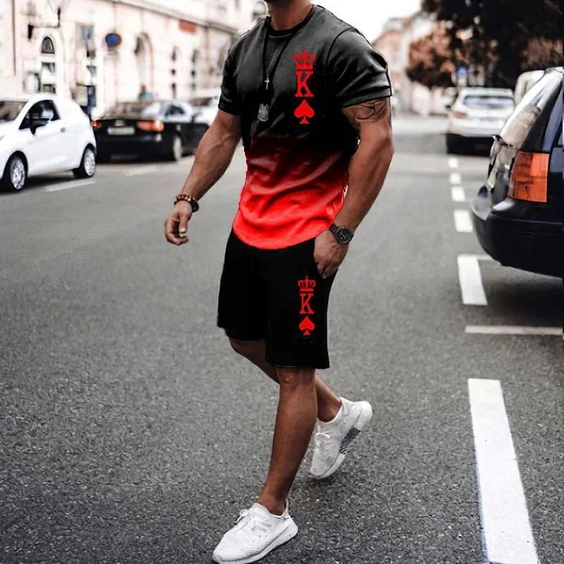 Summer Mens Casual Fashion Gradient Spade K Printed Crew Neck T-Shirt Shorts Outfit Cute Designer Clothing Men Streetwear