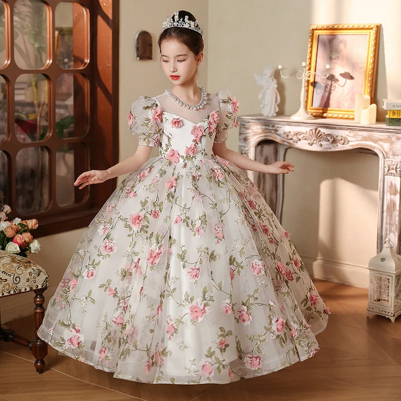 Children\'s Princess Evening Gown Fashionable flower Printed pearl Design Wedding Birthday Baptism Easter Eid Party Girls Dresses