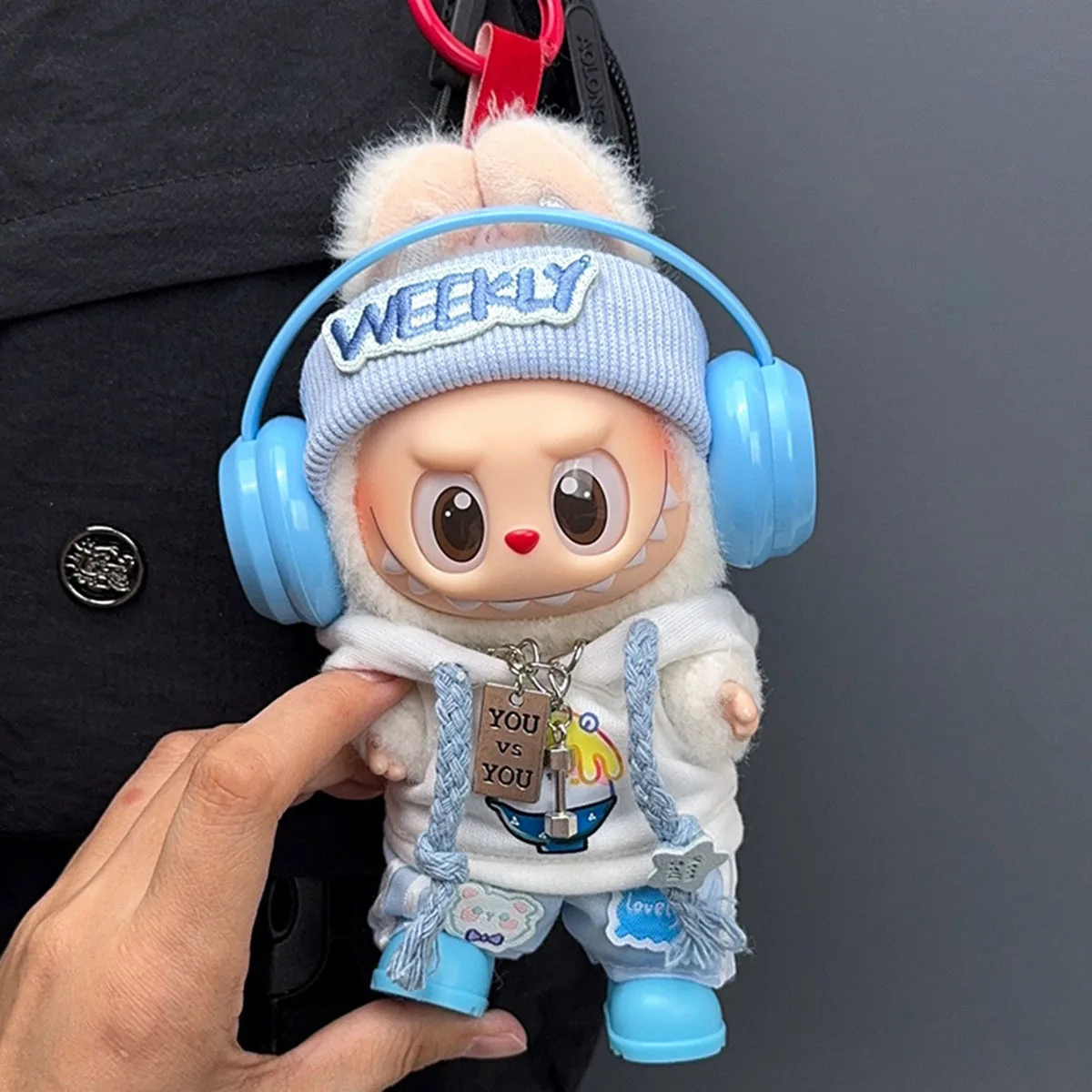 

[No Doll] Plush Doll's Clothes for 15/17cm Labubu Light Blue Knitted Hats Blue Headphones Casual Style Outfit Sets