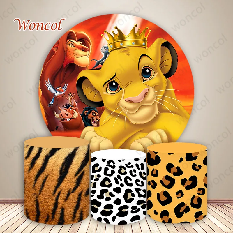 

The Lion King Simba Round Backdrop Timon Pumbaa Birthday Backdrop Animal Skin Pattern Print Cylinder Cover Baby Shower Decor