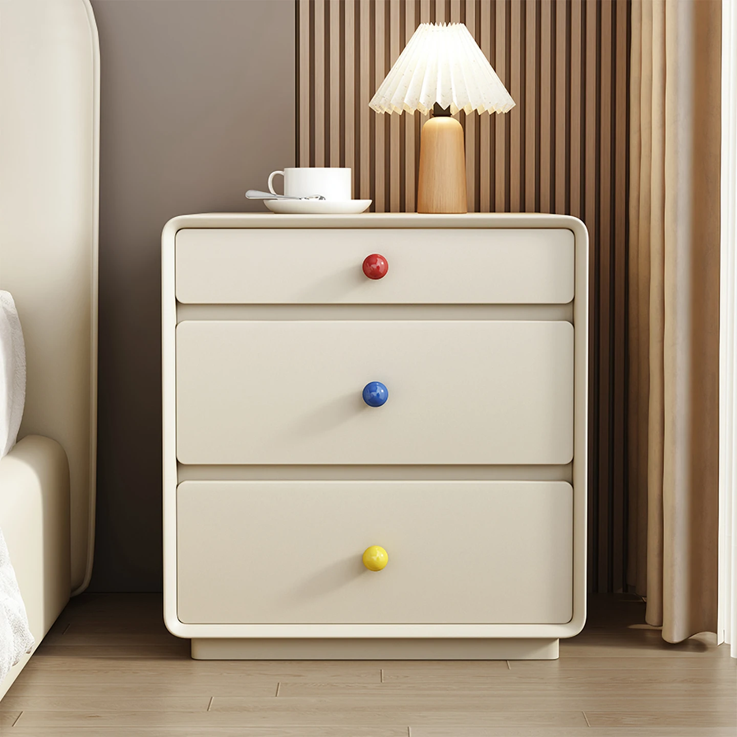 cream-style minimalist modern light luxury creative solid wood storage chest, bedroom three-drawer bedside cabinet