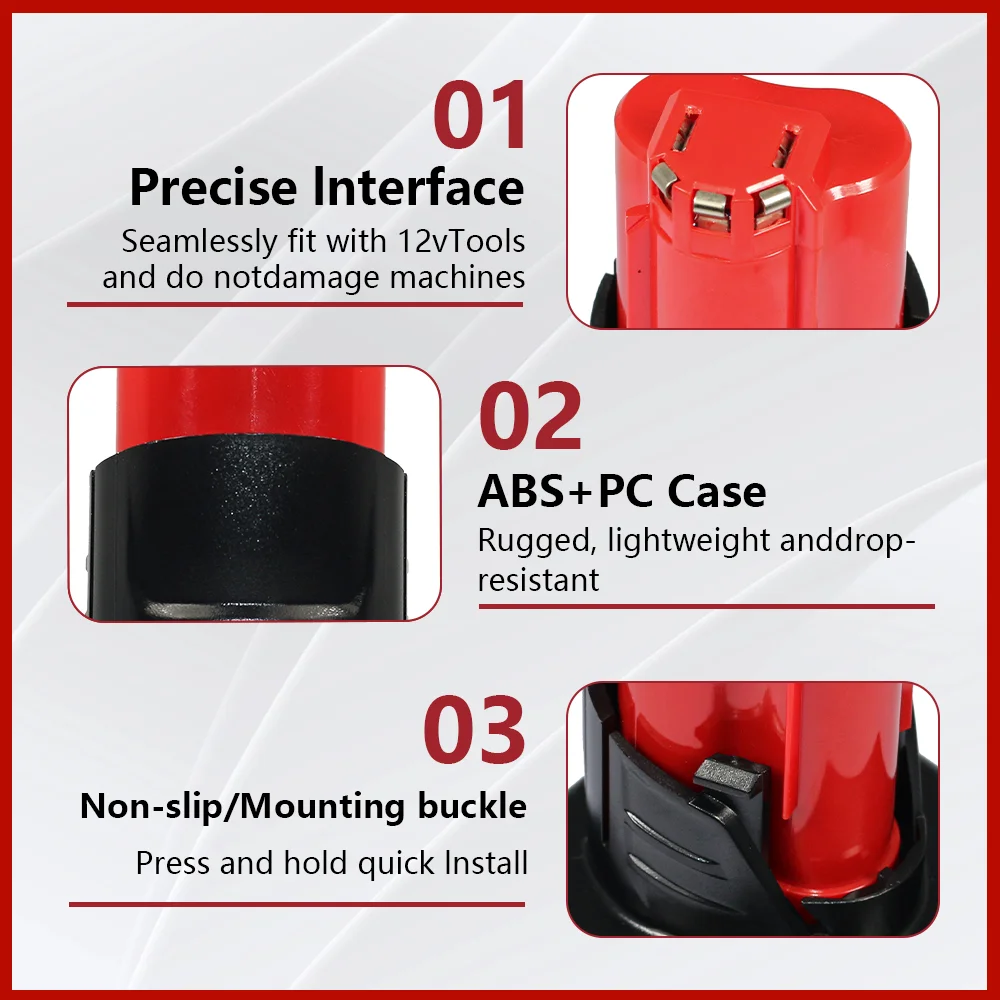 Baterie 3,0–6,0 Ah 12 V pro Milwaukee M12 XC 48-11-2410 48-11-2420 48-11-2411, náhrada za elektrické nářadí M12, lithium-iontová baterie - náhled 3