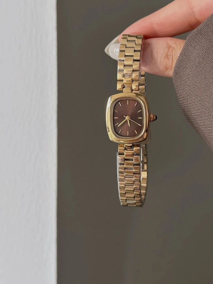 Modern brown small gold watch, retro lady, niche light luxury high-end square steel belt, quartz watch woman
