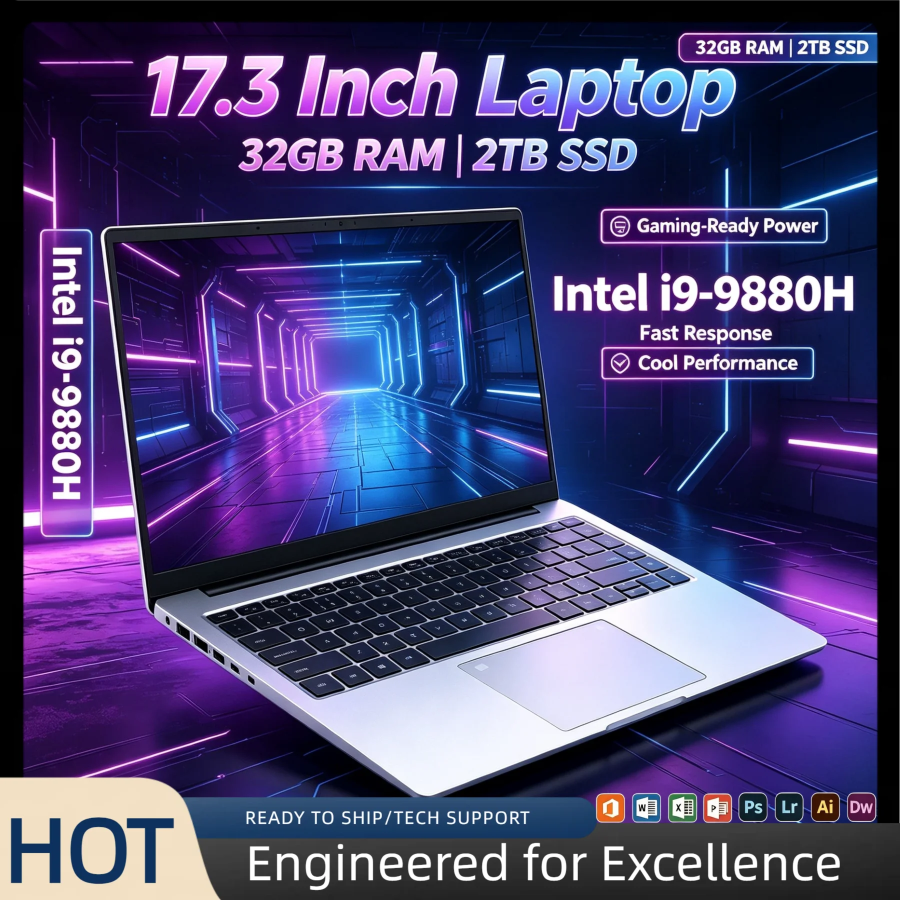 Intel i9 9880H 17.3 Inch Full Size Notebook 32GB RAM 2TB SSD Fingerprint Unlock High Performance Work Gaming Pro Turbo