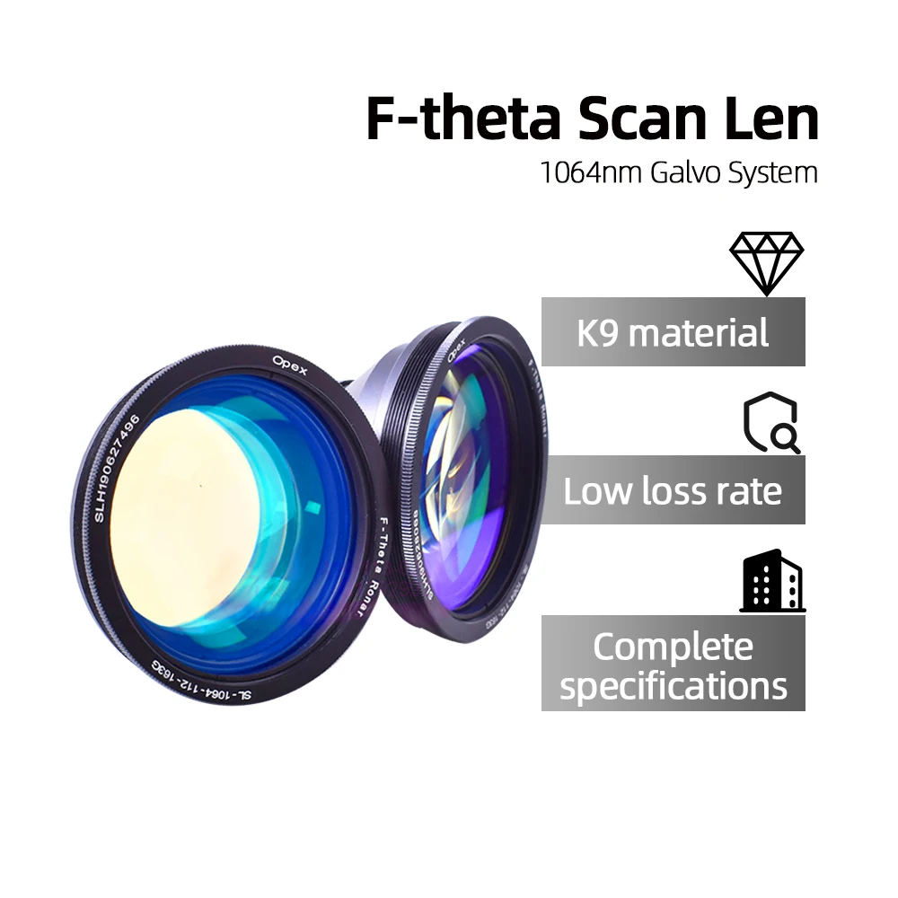 عدسة ليزر مسح F-theta 70x70 - 450x450 عدسة مجال F100-650 مم 1064 نانومتر لمواد ماكينة وسم الألياف الضوئية YAG