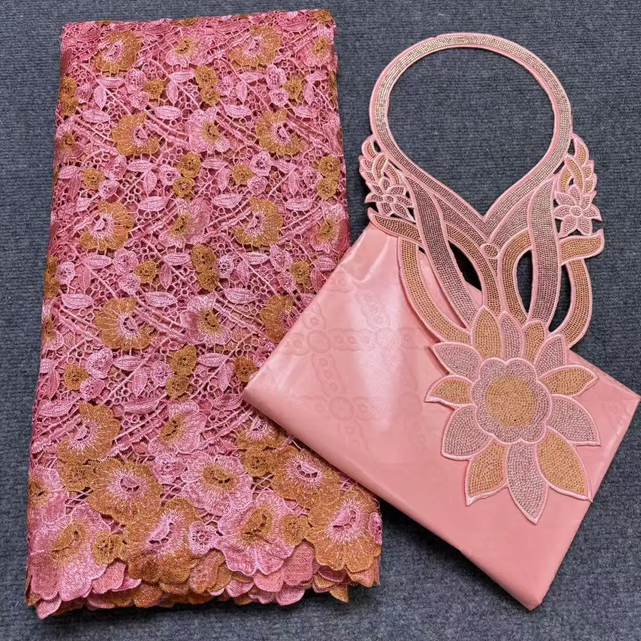 2024 High Quality 2.5yards Bazin Riche Brocade Fabric +2.5 Yards African Cotton Lace Fabric with Collar Set for Dress  M6-1008-1